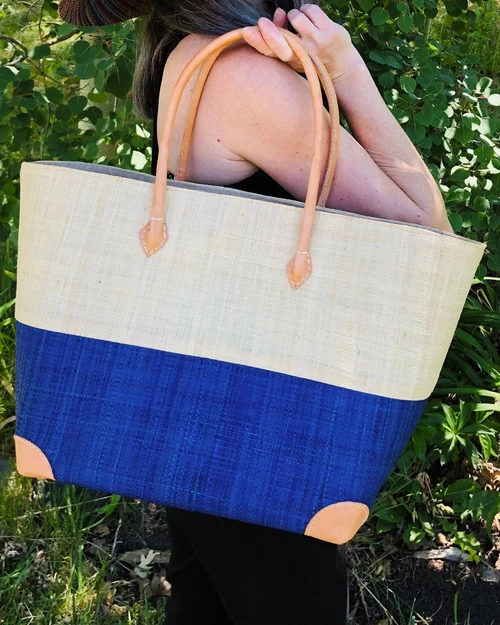 Trinidad Two Tone Raffia Straw Basket Bag - Teal