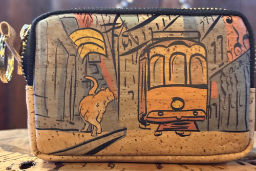 Painted Trolley Scene Cork Coin Purse, front view