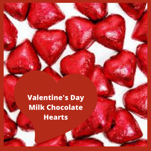 Creamy milk chocolate red foiled hearts. Add to your candy dish and share with others or eat them all yourself. Creamy milk chocolate red foiled hearts. Add to your candy dish and share with others or eat them all yourself.