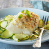 Baked wild Alaska cod fillet with zucchini noodles.