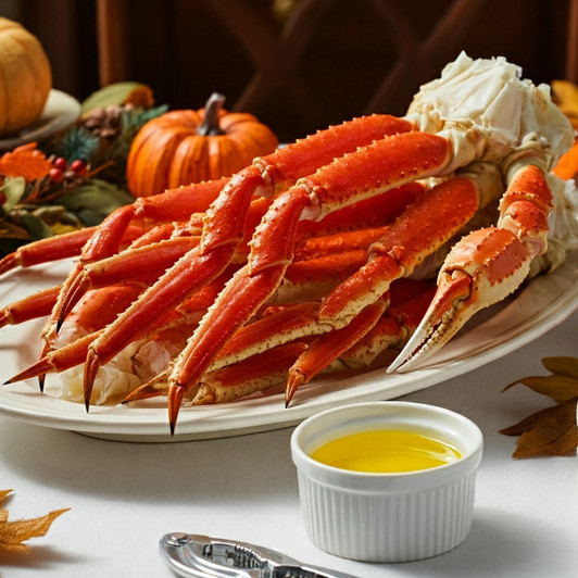 Giant Alaska snow crab legs with hot melted butter served at Thanksgiving.