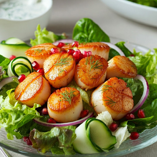 Jumbo Alaska scallops on top of a bright  fresh salad.