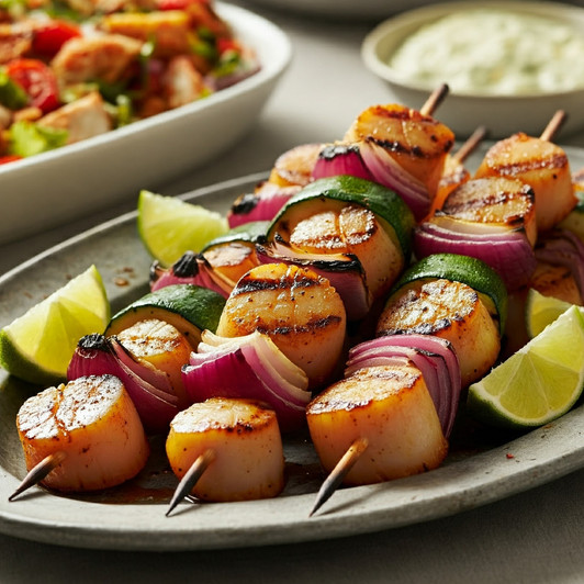 Grilled scallop skewers with zucchini and red onions.