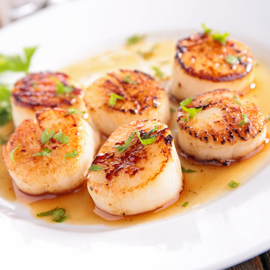 Delicious caramelized Alaska scallops on a plate.