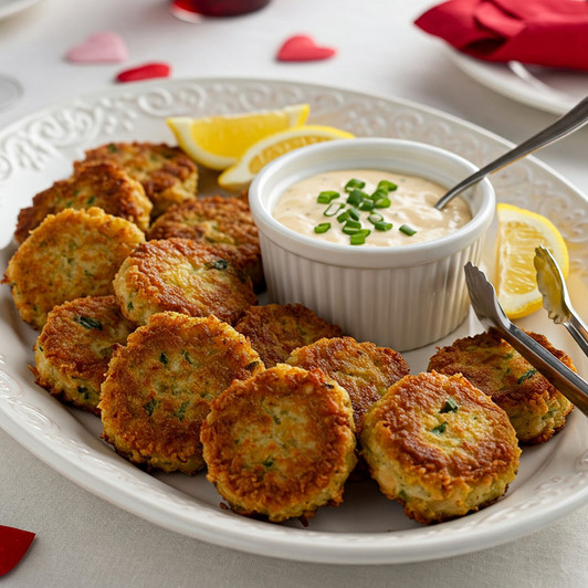 Crispy crab cakes served with Valentine's dinner. Crispy crab cakes served with Valentine's dinner.