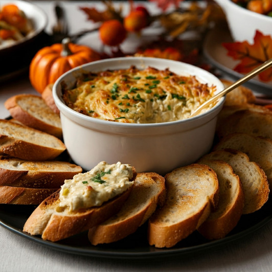 Hot melted crab & artichoke dip surrounded by toasted bread slices. Hot melted crab & artichoke dip surrounded by toasted bread slices.