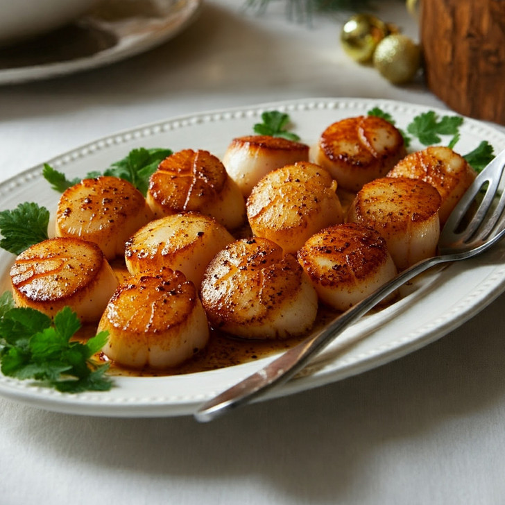 Caramelized scallops arranged on a serving platter on table.