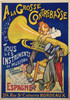 A La Grosse Contrebasse Instruments by Laumont Original 1920 Vintage France Instrument Company Advertisement Stone Lithograph Antique Poster Linen Backed. Features a man standing on music sheet playing contrabass instrument tuba next to a chair with his hat, coat and umbrella.