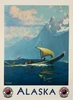 Alaska Northern Pacific Rail Poster By Sydney Laurence Original 1931 Vintage USA Passenger Railroad Lithograph Advertisement Linen Backed. This poster shows a boat on the ocean with mountains in the background.