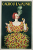 Cachou Lajaunie by Cappiello Original 1920 Vintage French Breath Mint Advertisement Stone Lithograph Poster Linen Backed. French Anis Licorice Candy for breath mints features a woman in a red and yellow feathered dress smoking a cigarette on a green background.