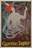Cigarettes Saphir by Stephano Original 1920 Vintage France Tobacco Advertisement Stone Lithograph Poster Linen Backed. Shows a genie coming out of a lamp and enjoying a smoke.