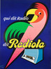 Radiola Qui Dit Radio by Rene Ravo Original 1950 Vintage French Transistor Advertisement Plate Lithograph Poster Linen Backed. Colorful Mid Century Modern Parrot on a Radio with Blue Background.