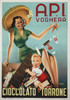 API Voghera Cioccolato Torrone by Dilullo Original 1950 Vintage Italian Chocolate Advertisement Offset Plate Lithograph Linen Backed. Shows a woman in green dress and baby holding large chocolate bar with candies falling around him.