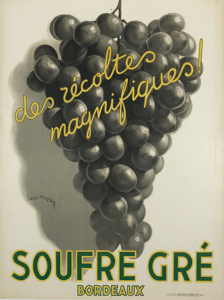 Soufre Gre Bordeaux by Leon Dupin Original 1933 Vintage French Stone Lithograph Agriculture Advertisement Poster Linen Backed. French wine and spirits poster features a black and white image of a bunch of grapes. Original Antique Posters.