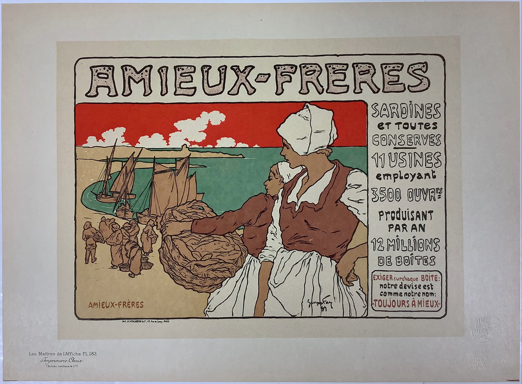 Amieux-Freres Les Maitres De L'Affiche Plate 183 by Georges Fay 1899 France. Original Vintage Poster. This lithograph shows women on the beach with baskets of fish while fishing boats sail near the shore. Antique Posters
