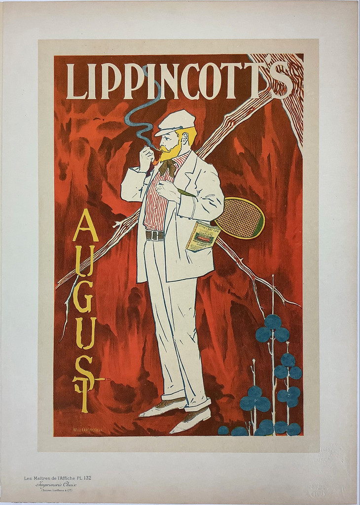 Lippincott's August Original Les Maitres De L'Affiche Plate 132 by William Carqueville from 1898. French Vintage Poster. This lithograph shows a man in a white suit smoking a pipe holding a tennis racket and has a magazine in his pocket. Original Antique Posters