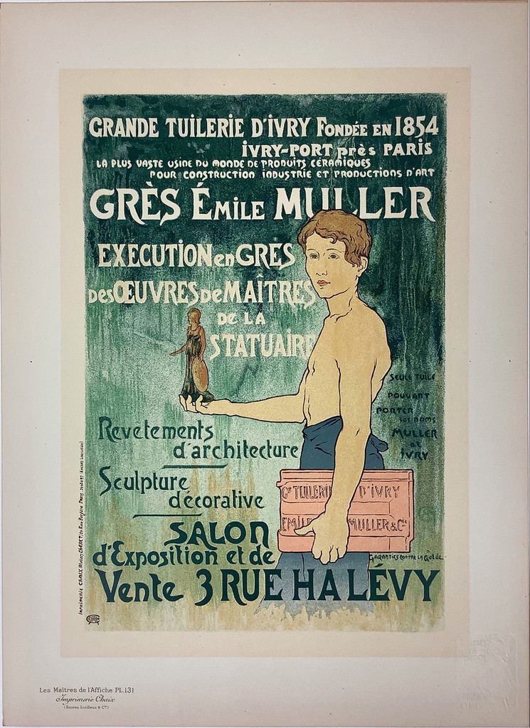 Salon D'Exposition et de Vente Grande Tuilerie D'Ivry Les Maitres De L'Affiche Plate 131 by Alexandre Charpertier 1898 French Vintage Poster. This lithograph shows a shirtless man holding out a statue in one hand and holding a tile under the other arm. Original Antique Posters