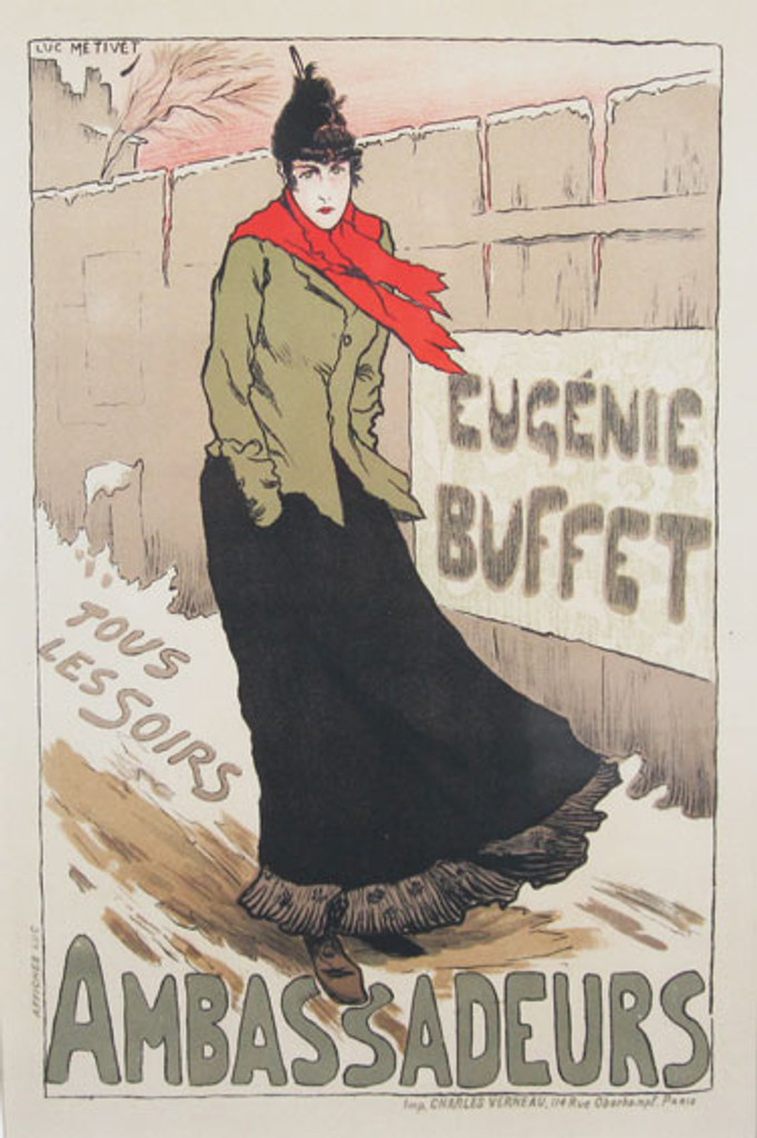 Ambassadeurs Original Les Maitres De L'Affiche Plate 22 by Lucien Metivet 1896 France. This lithograph shows a woman with a red scarf walking on a cold windy day next to a snow covered fence. Original Vintage Poster.