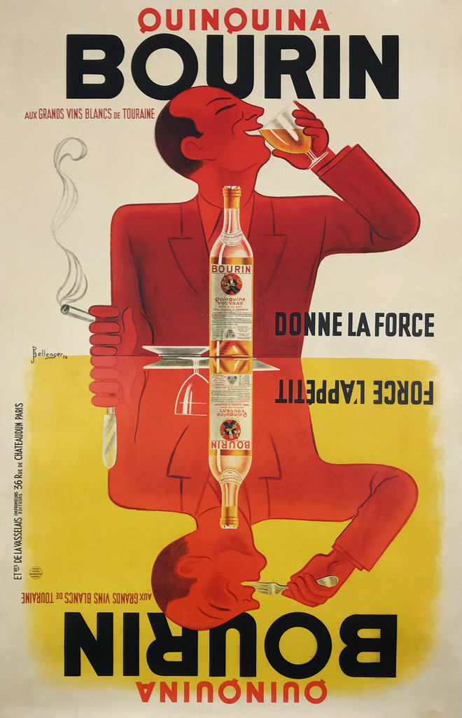 Bourin Quinquina by Pierre Bellenger Original 1936 Vintage French Tonic Wine Advertising Stone Lithograph Poster Linen Backed. French wine and spirits poster features a man seated drinking and smoking while his reflection in the table is eating.