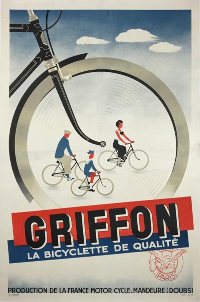 Griffon La Bicyclette De Qualite original vintage cycles poster by J. Bazaine from 1938 France.
