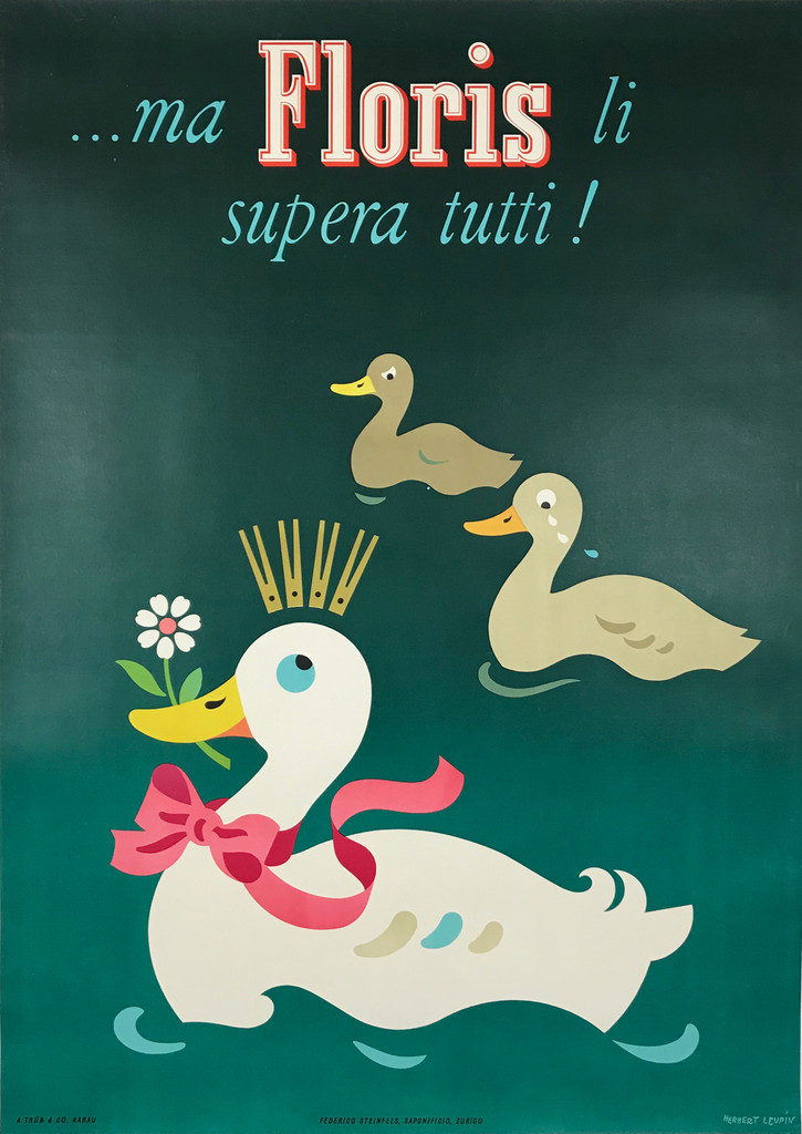 Floris Li Supera Tutti by Hert Leupin Original 1955 Vintage Swiss Parfume Advertisement Poster Linen Backed. "Floris surpasses them all"...