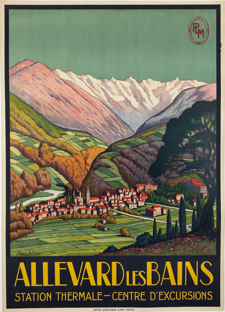 Allevard Les Bains PLM by Jean Julien Original 1925 Vintage French Railroad Travel Advertisement Stone Lithograph Poster Linen Backed. Thermal Spa Rhône-Alpes Region of Southeastern France