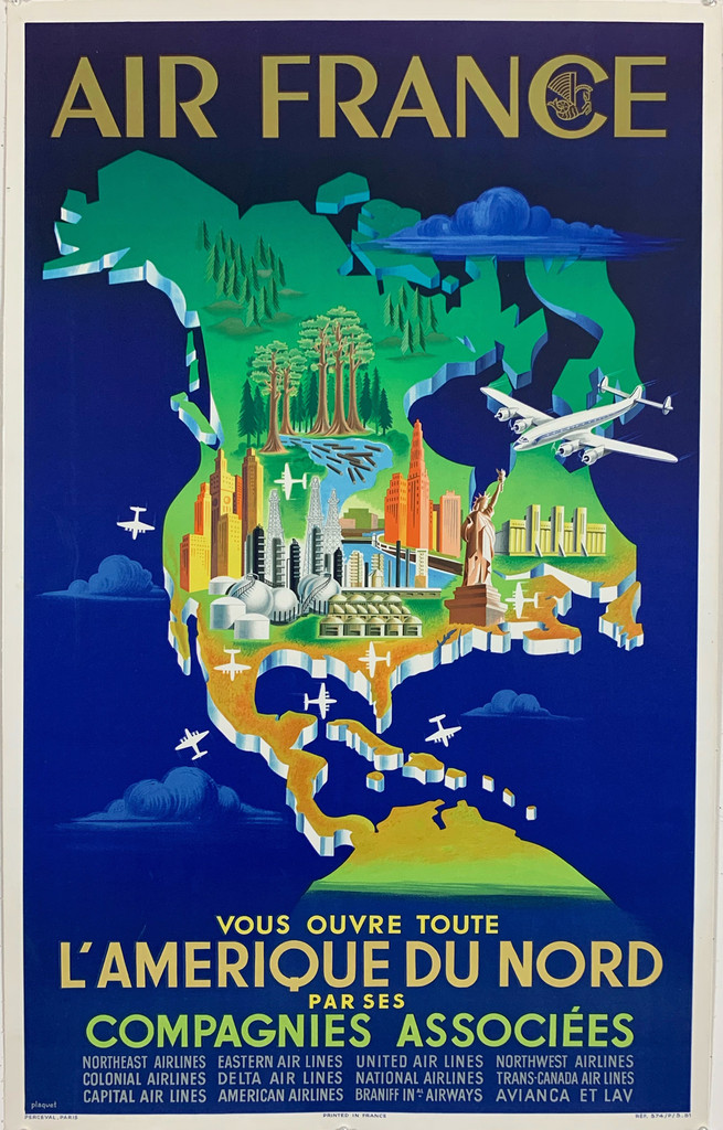  Air France L'Amerique Du Nord by Plaquet Original 1951 Vintage French Passenger Airline Travel Advertisement Lithograph Poster Linen Backed.