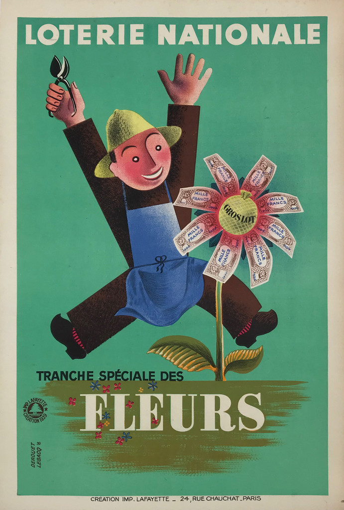Loterie Nationale Tranche Speciale De Fleurs by Derouet Lesacq Original 1939 Vintage French Lottery Advertisement Stone Lithograph Poster Linen Backed.