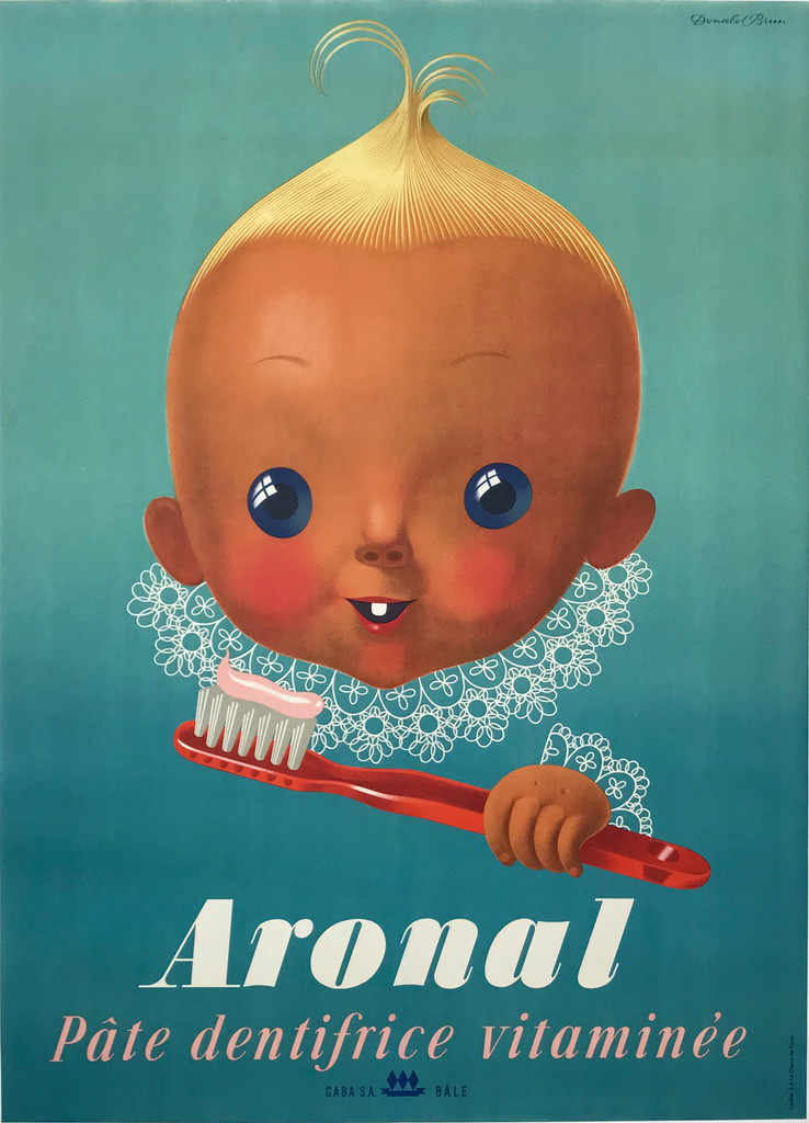 Aronal Pate Dentifrice Vitaminee  by Donald Brun Original 1947 Vintage Swiss Toothpaste  Advertisement Lithograph Poster Linen Backed.
