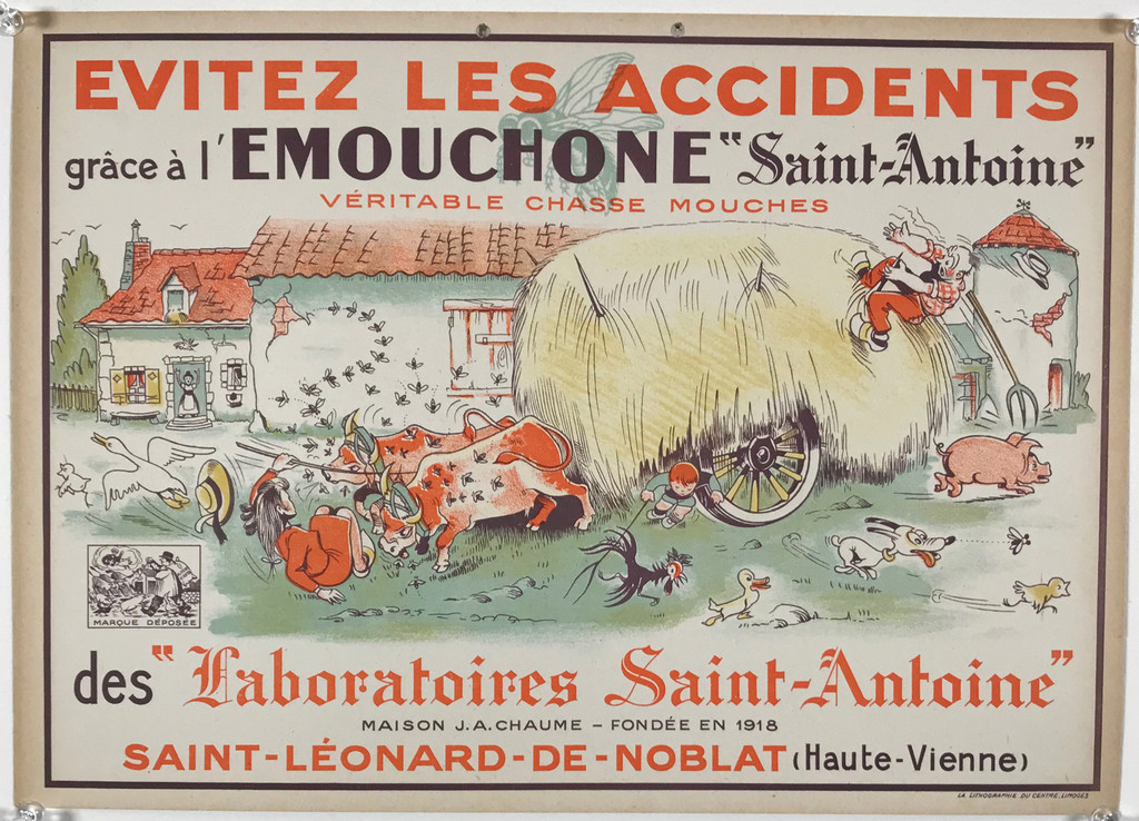 Veritable Chasse Mouches Grace a l'Emouchine  Evitez Les Accidents Original 1925 Vintage French Fly Swatter Company Advertisement Stone Lithograph Poster on Carton. "Real Fly Swatters Thanks to the Emouchine Avoid Accidents"