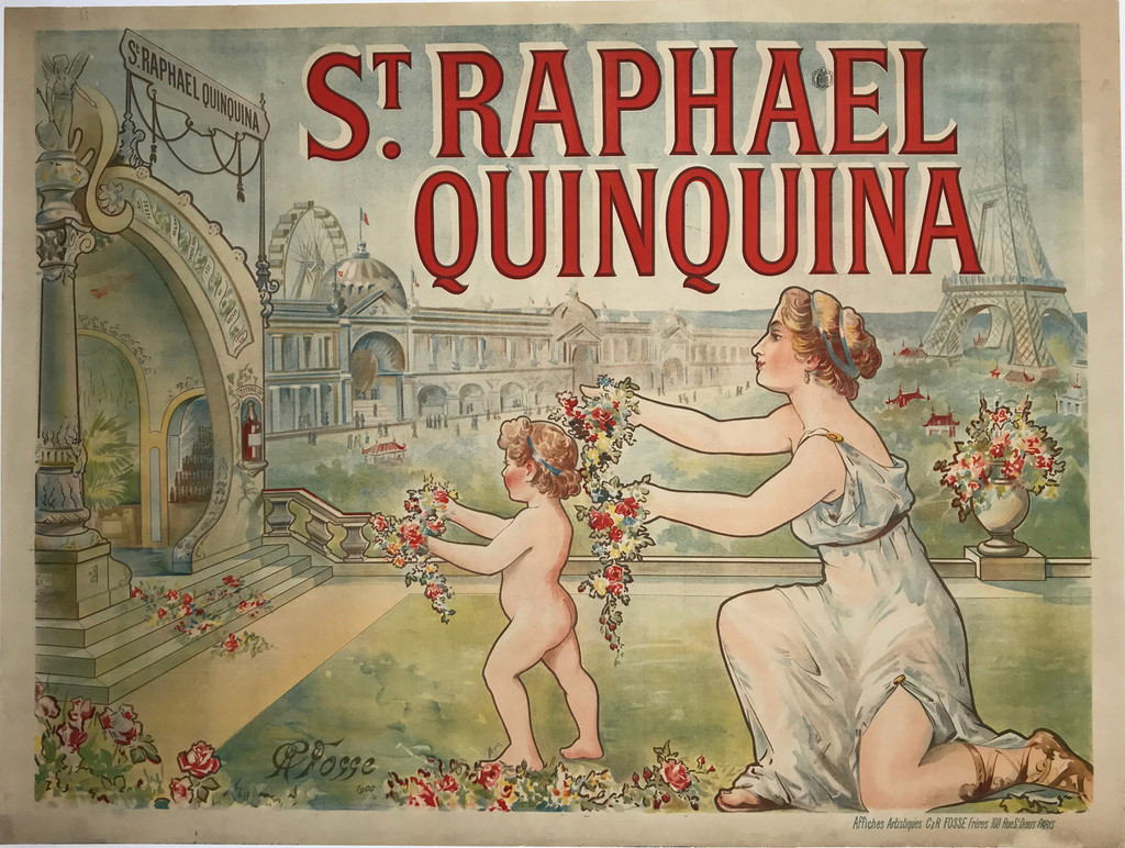 St. Raphael Quinquina by Fosse Original 1900 Antique French Wine and Spirits Advertisement Vintage Poster Linen Backed.
