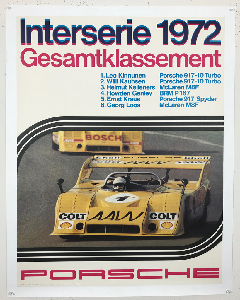 Porsche Interserie 1972 Gesamtlassement Photo by Schlegelmilch Original 1972 Vintage German Strenger Printing Car Racing  Promotional Advertisement Poster Linen Backed.