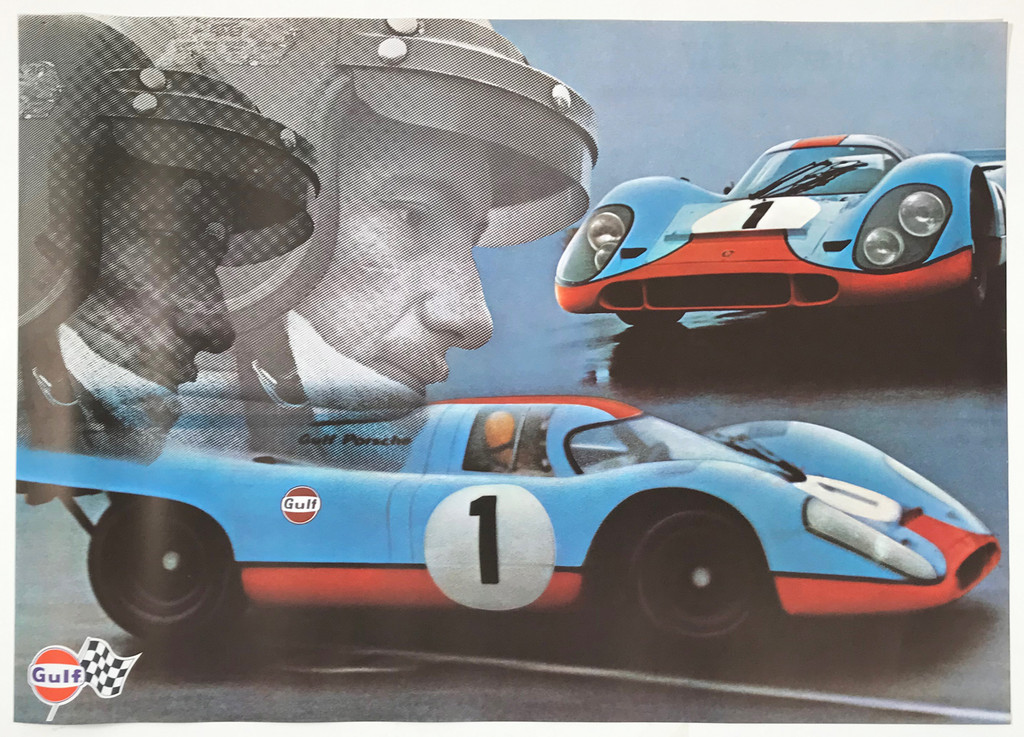 Gulf Porsche 917 Schematic by Jo Siffert Original 1972 Vintage Swiss Oil Company Promotional Advertisement Poster Not Linen Backed. 