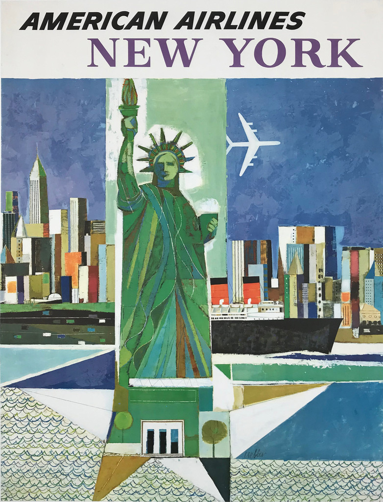 American Airlines New York Statue of Liberty Original 1960's Vintage Travel Poster by Webber Linen Backed.