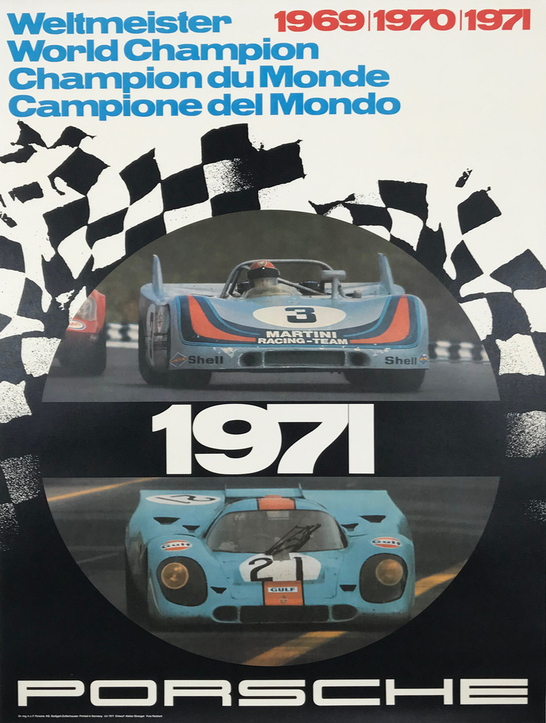 Porsche World Champion Photo by Reichert  Original 1971 Vintage German Atelier Strenger Printing Car Racing  Promotional Advertisement Poster Linen Backed. 