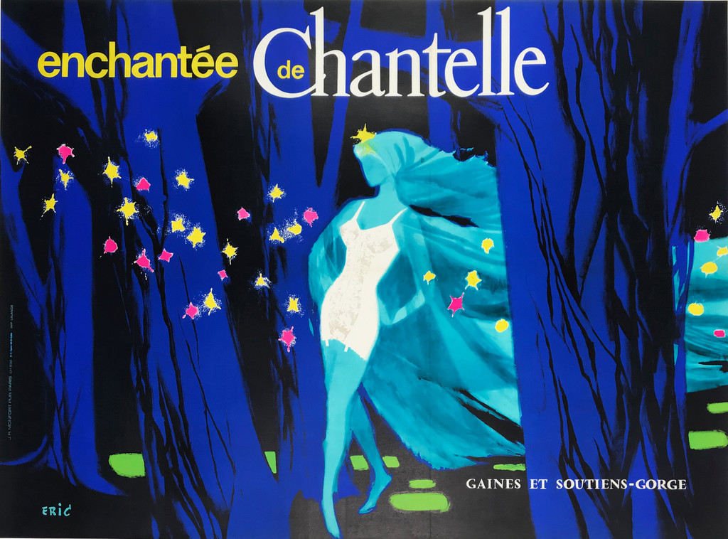 Enchantee de Chantelle Original 1956 Vintage French Lithograph Advertisement Poster by Eric Linen Backed for Lingerie. 