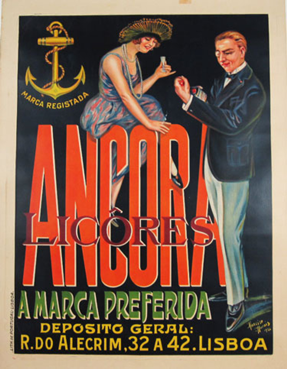 Ancora Licores original vintage Portugal liqueur poster from 1926 by artist Morais.