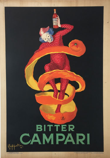 Bitter Campari (Orange Peel) original vintage poster by Leonnetto Cappielllo from 1921 Italy. Italian poster features a jester in red surrounded by an orange peel holding high a bottle of Bitter Liqueur.