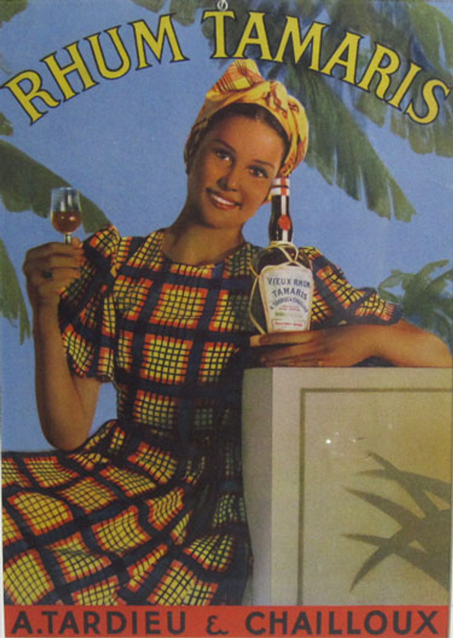 Rhum Tamaris Original 1948 Vintage French Rum Advertisement Lithograph Store Display Poster on Carton. Shows a Caribbean woman holding a bottle and glass of rum with palm trees behind her.