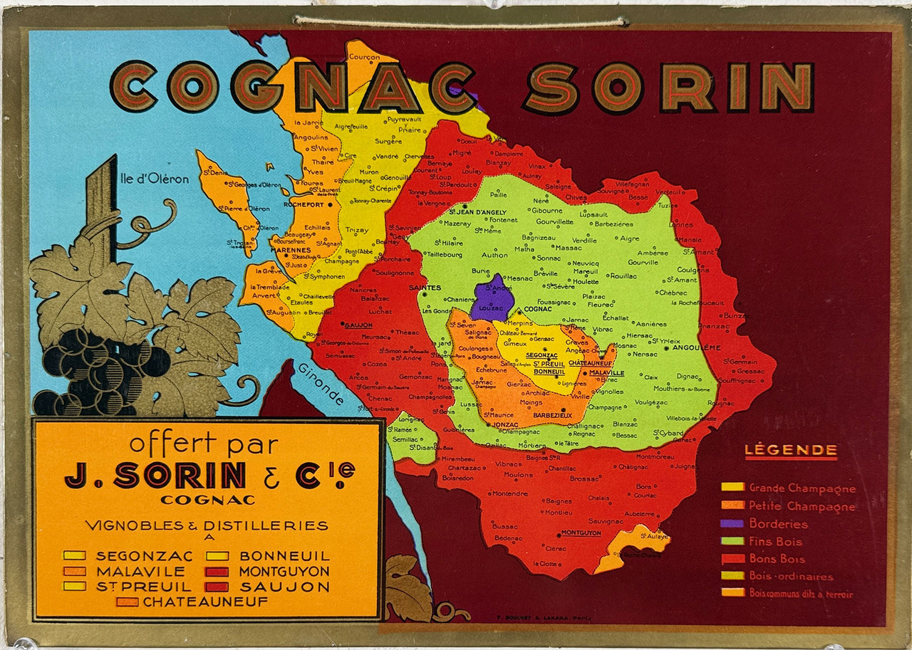 Cognac J. Sorin & Cie Store Display Poster Original 1930 Vintage French Wine Company Lithograph Advertisement On Carton.