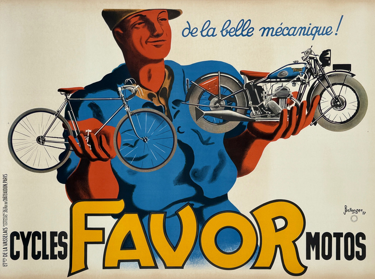 Favor Cycles Motos Poster by Pierre Bellenger Original 1937 Vintage French Stone Lithograph Bike Company Advertisement Linen Backed.