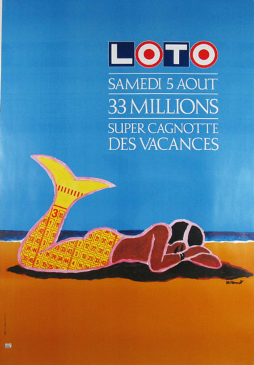 La Sirène Loto by Bernard Villemot Original 1989 Vintage French National Lottery Advertisement Poster Linen Backed. Mermaid woman sleeping on a beach sand.