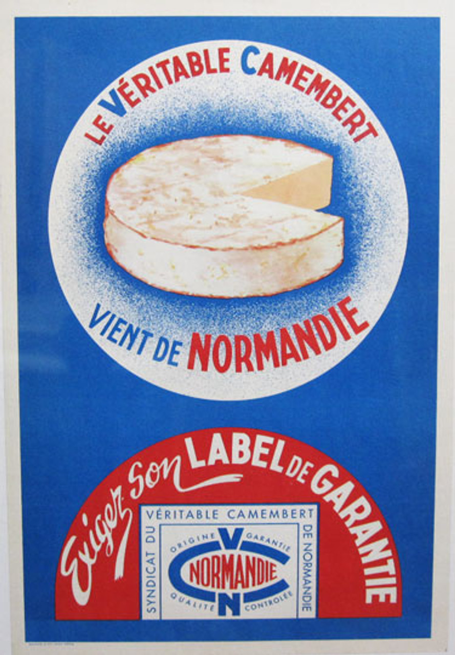 Vient De Camembert Normandie original advertisement lithography vintage poster from 1940 France. Shows a cheese on blue background.