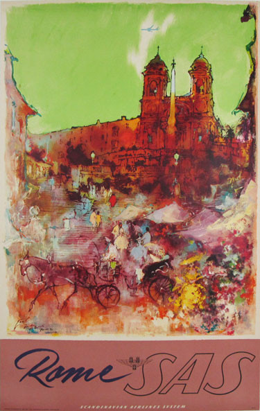 Scandinavian Airlines Rome SAS original vintage advertising lithograph poster by Nielsen Otto from 1951 Denmark.