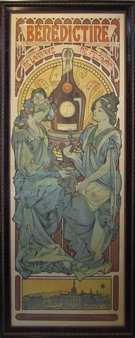 Benedictine original vintage poster by famous artist Alphonse Maria Mucha from 1898 France. Art nouveau poster features two beautiful women sitting on a background of large bottle of old French cognac.