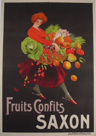 Fruits Confits Saxon Original Vintage Poster by Roch from 1920 France. This original antique poster features a woman holding a basket of vegetables and fruits.