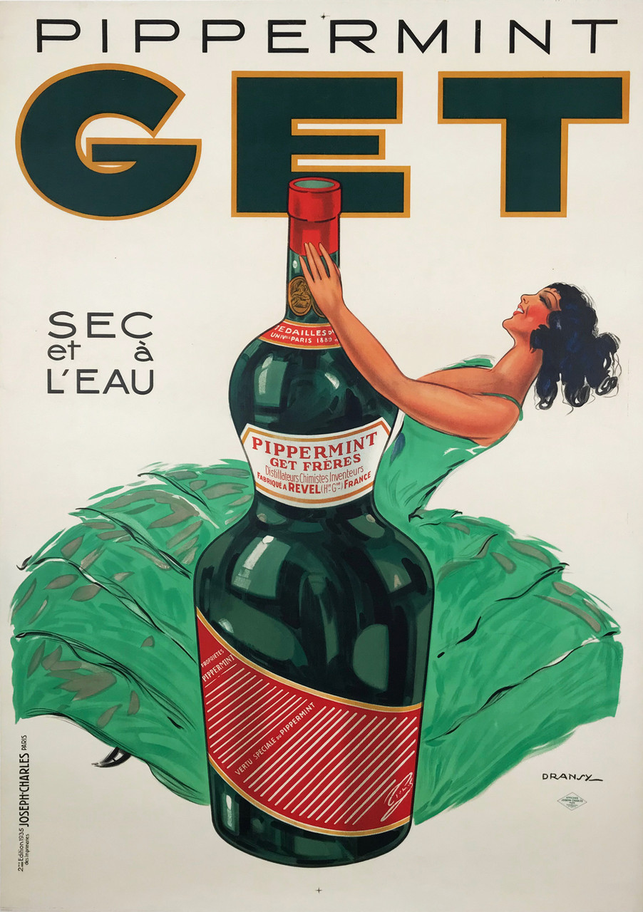 Pippermint Get by Jules Isnard Dransy Original 1935 Vintage French Liquer Company Advertisement Stone Lithograph Poster Linen Bcked. French wine and spirits poster features a woman in a green dress dancing around a giant bottle.