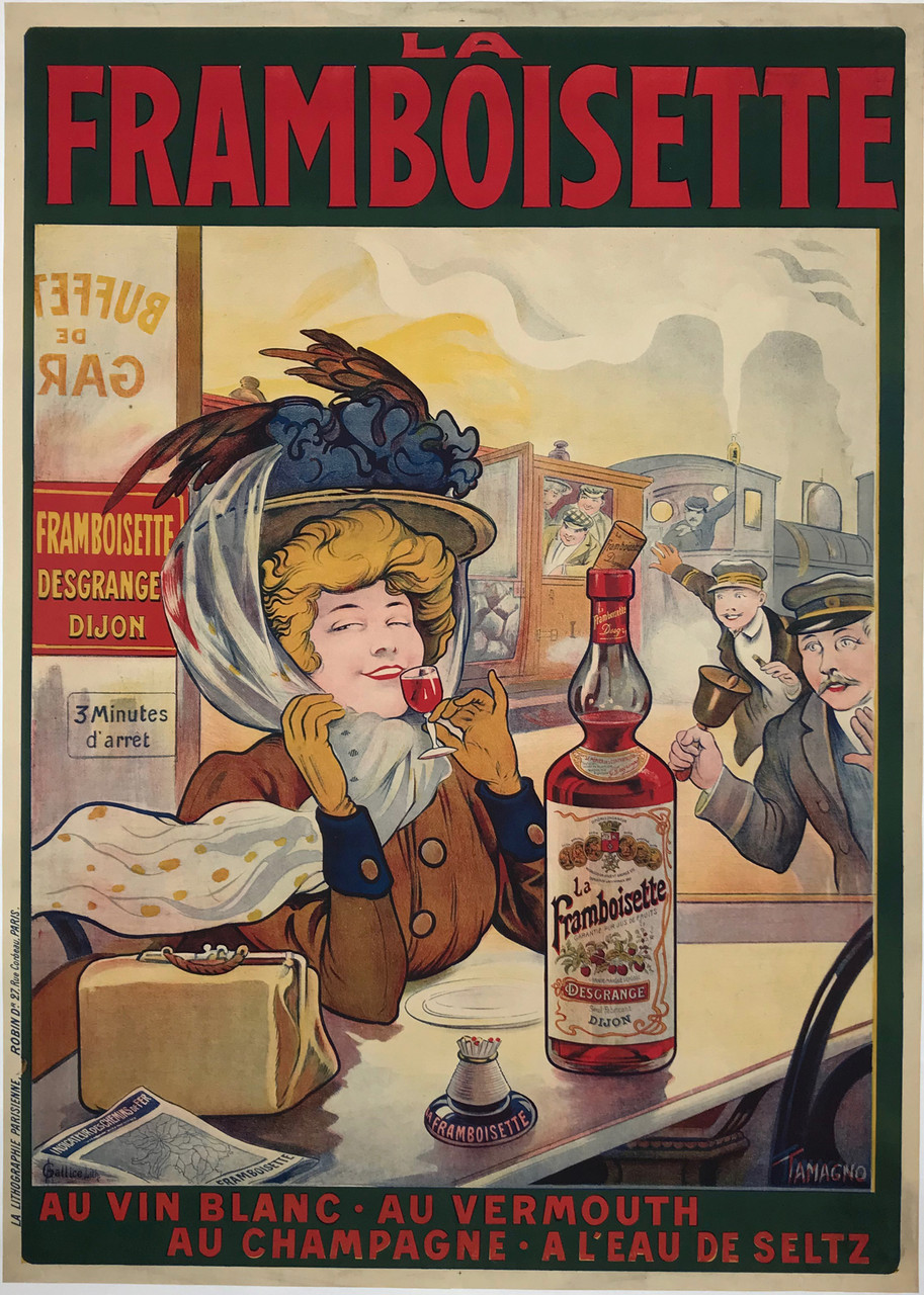 La Framboisette Poster By Tamagno Original 1905 Vintage French Wine Company Stone Lithograph Advertisement Linen Backed.