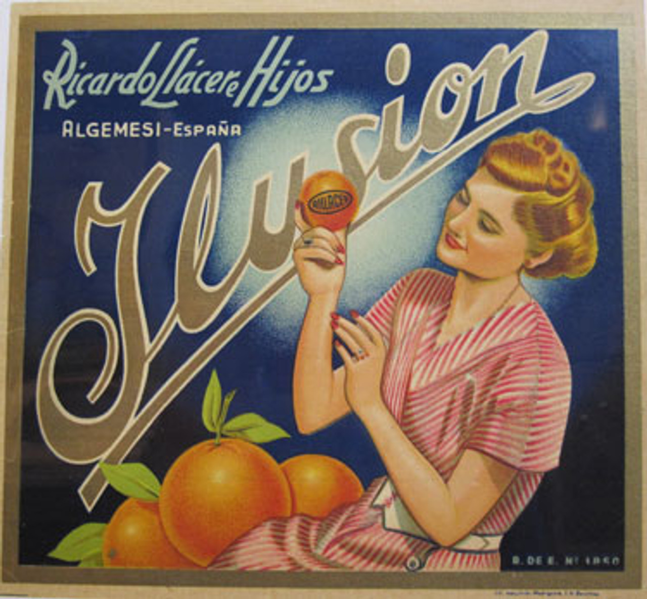 Leusion Ricardo Llacere Hijos Orange company advertisement crate label original vintage antique lithograph poster