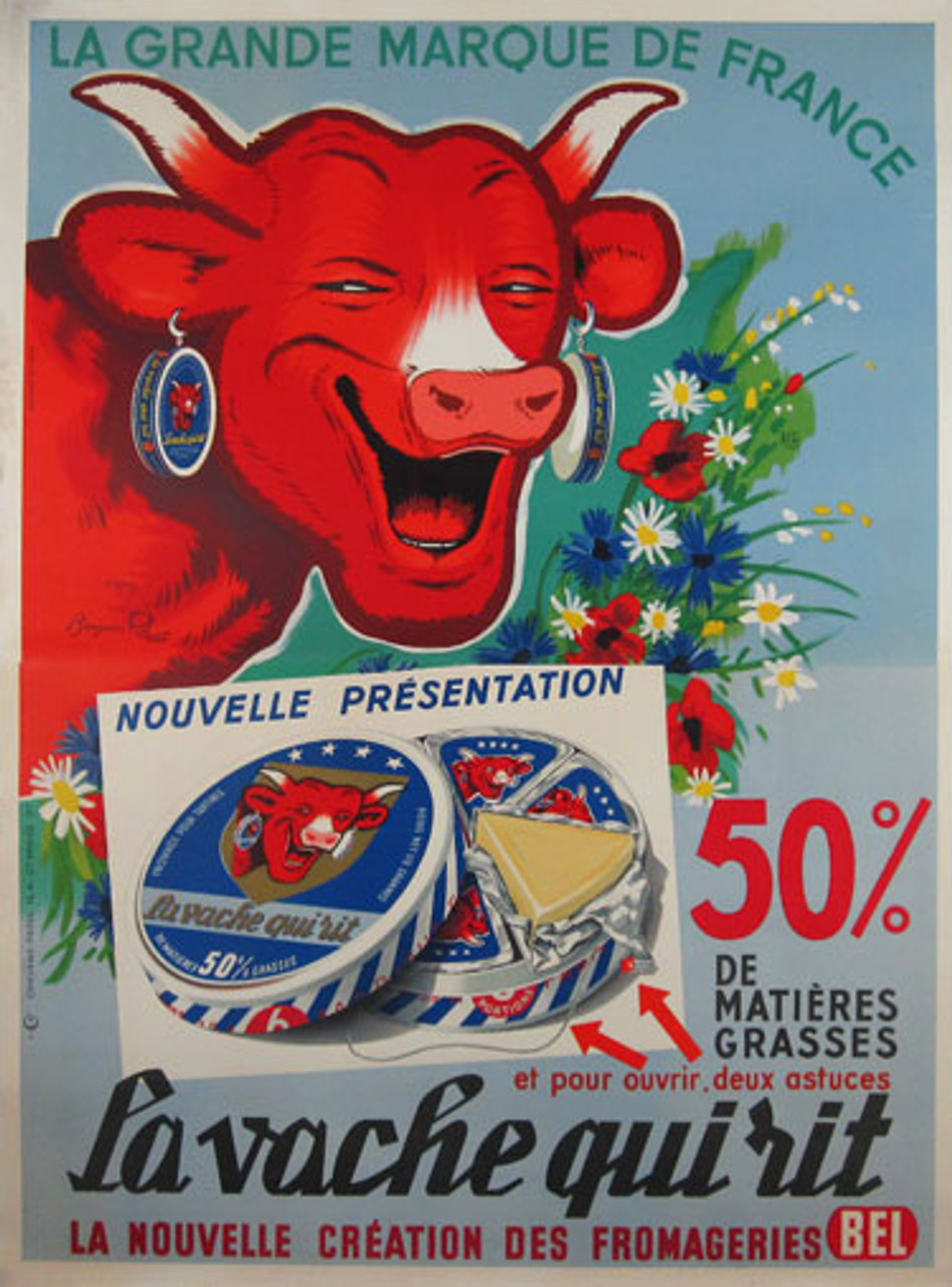 La Grande Marque De France - La Vache Qui Rit original vintage poster by Benjamin Rabier from 1950. This antique food poster features a laughing cow wearing cheese earrings standing next to flowers.